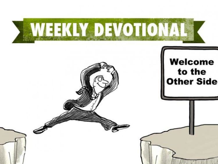 person jumping over cliff with weekly devotional banner