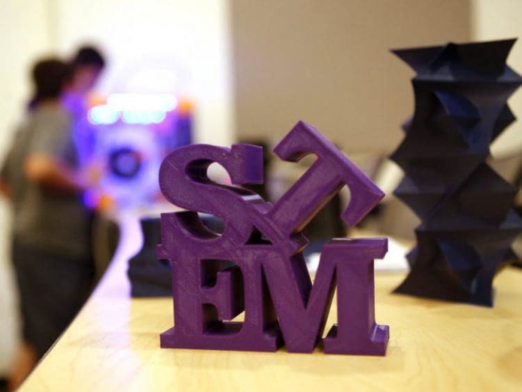 STEM letters in purple on a desk