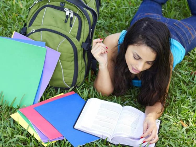 A student reading her notes outside in the grass