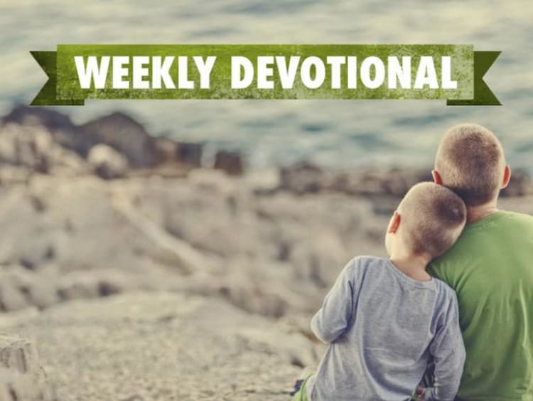 Two boys sitting on a mountain under the Weekly Devotional banner