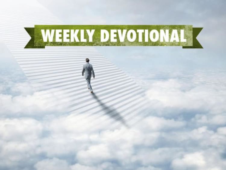 A man walking in the clouds under the Weekly Devotional banner