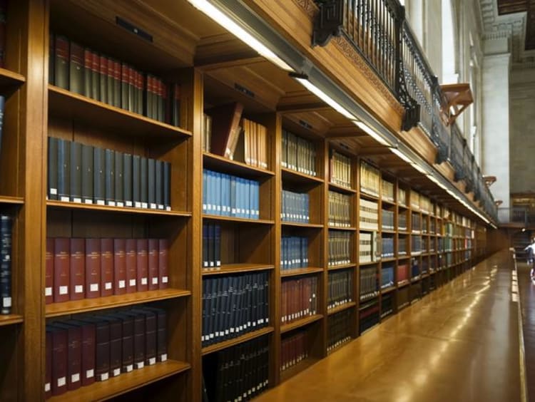 Angled view of book collections on shelves in an older library