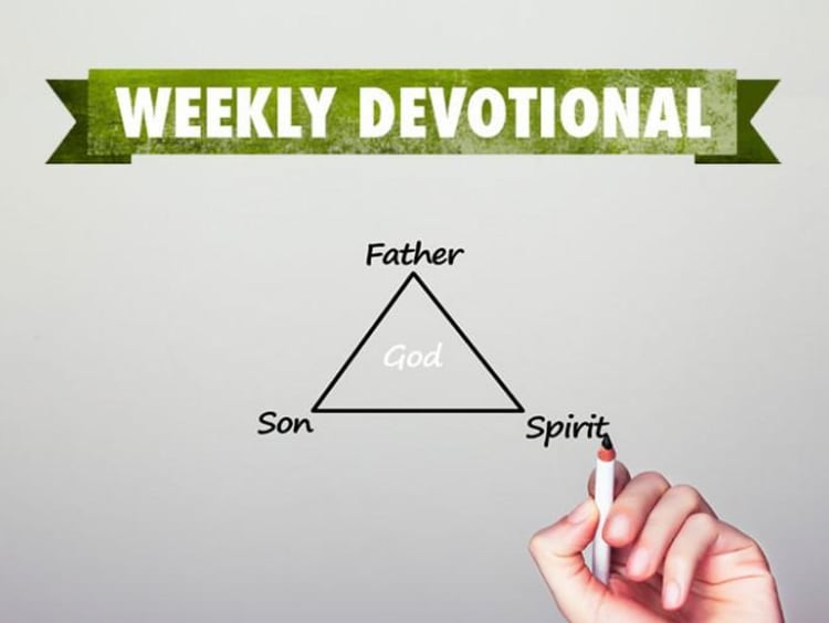 Person drawing a triangle of the Trinity below the Weekly Devotional logo