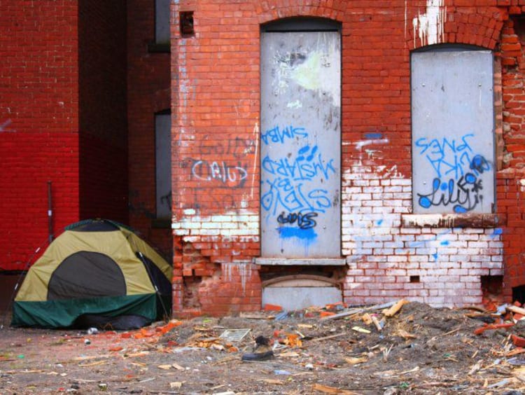 Tent set up in a rundown part of town