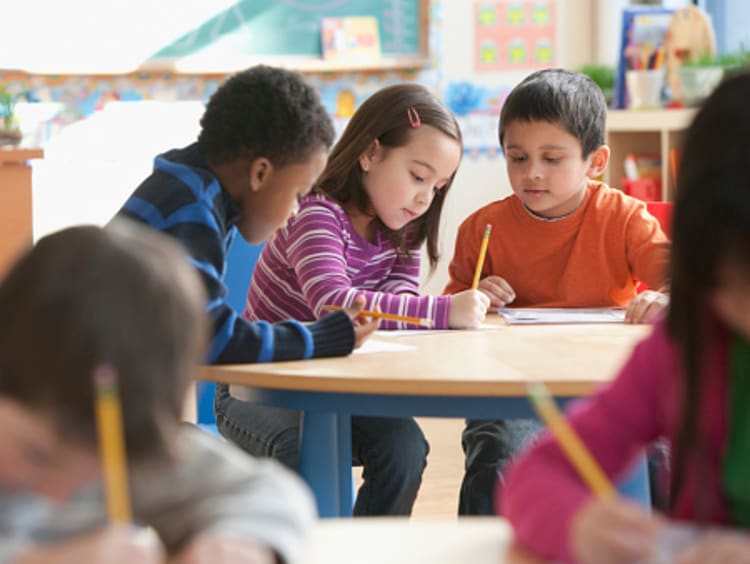 mixed-ability level students working together in classroom