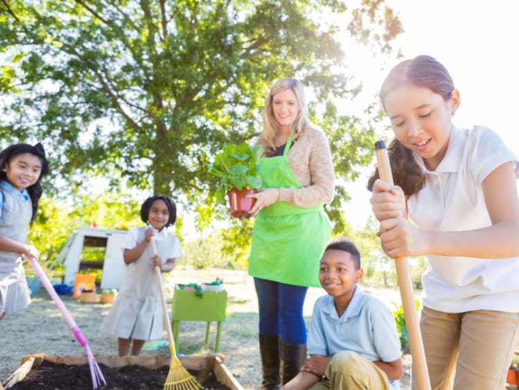 Teacher and elementary students planting a garden outside