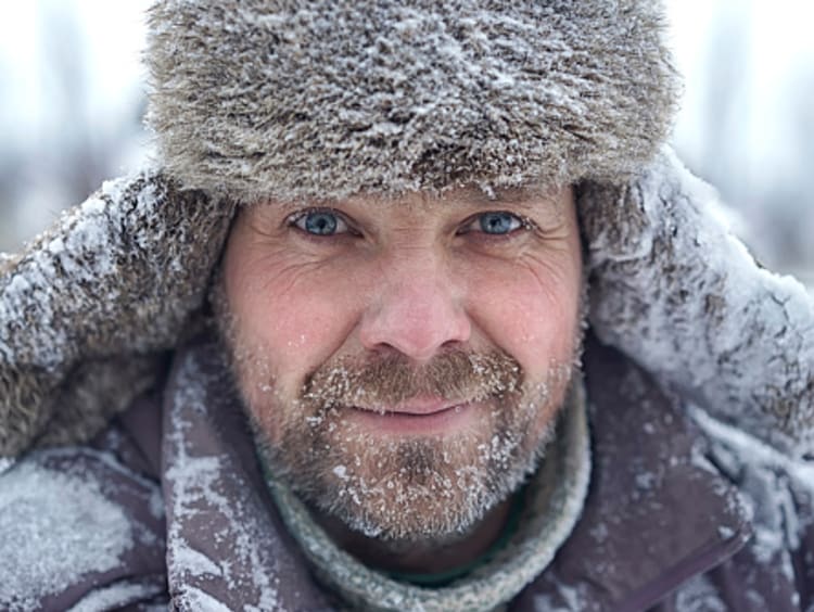 Model as Christian fiction author Ivan Denisovich in winter clothes