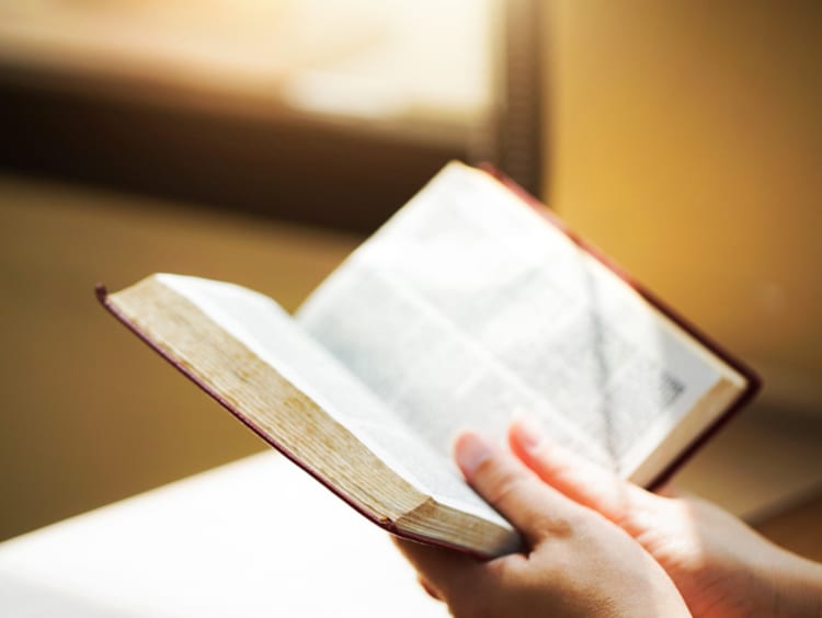 Hands holding an open Bible