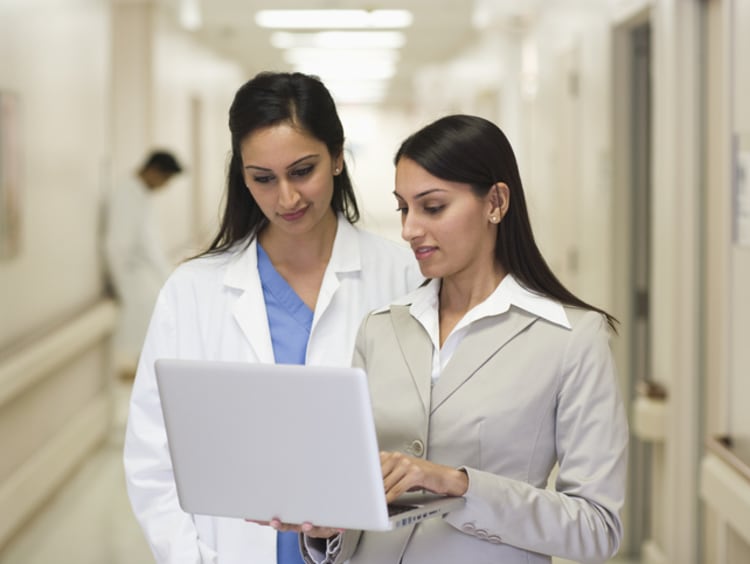 Hospital administrator showing something to a doctor on the computer