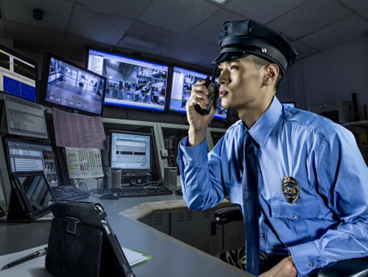 Police officer looking at security footage