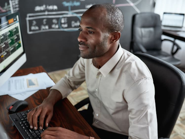 Computer system analyst typing and looking at screen