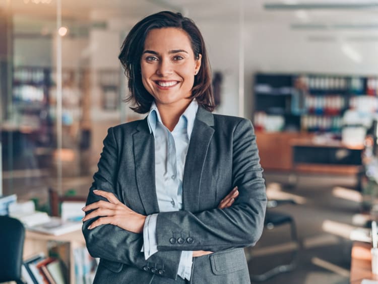 Marketing manager smiles in open office