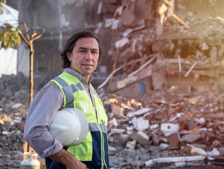 Portrait of emergency management professional in PPE at outdoor work site