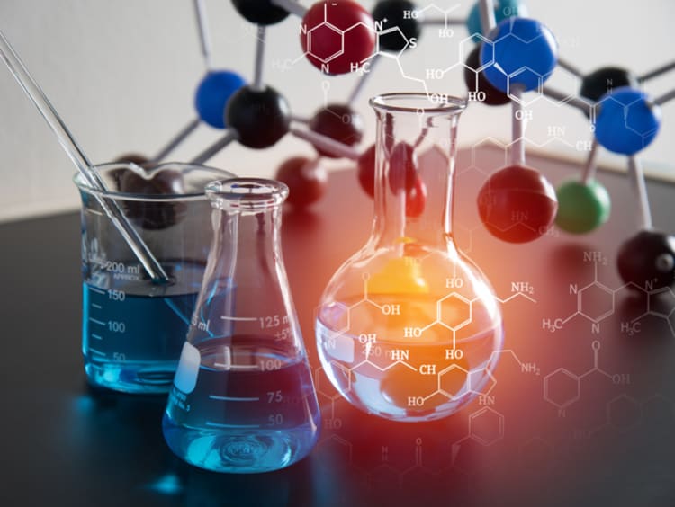 Chemistry materials on a laboratory desk