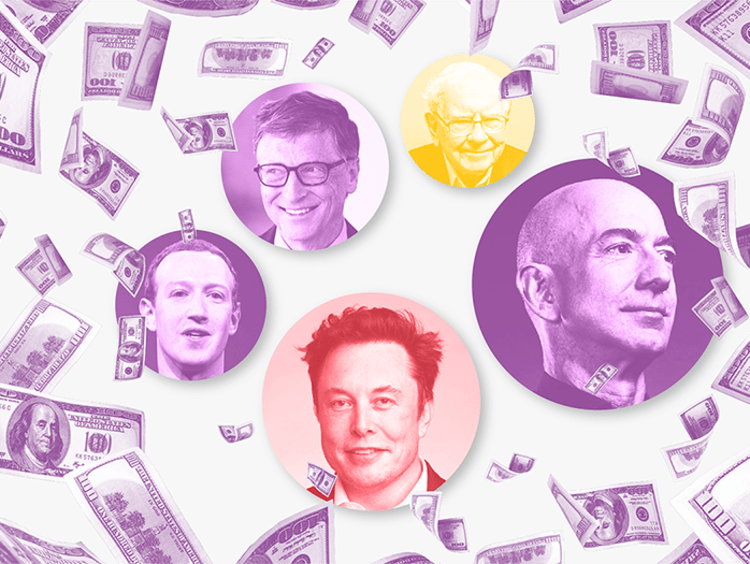 Graphic showing raining hundred dollar bills and the faces of billionaires 