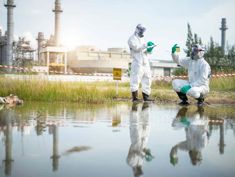 Ecologists examine water near a chemical plant