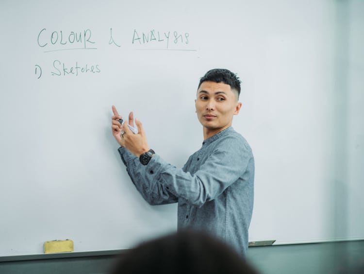 Male professor teaching students using whiteboard lesson in classroom