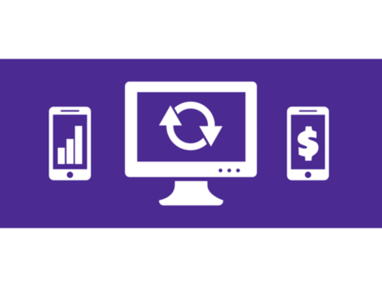 Laptop and smartphones on purple background