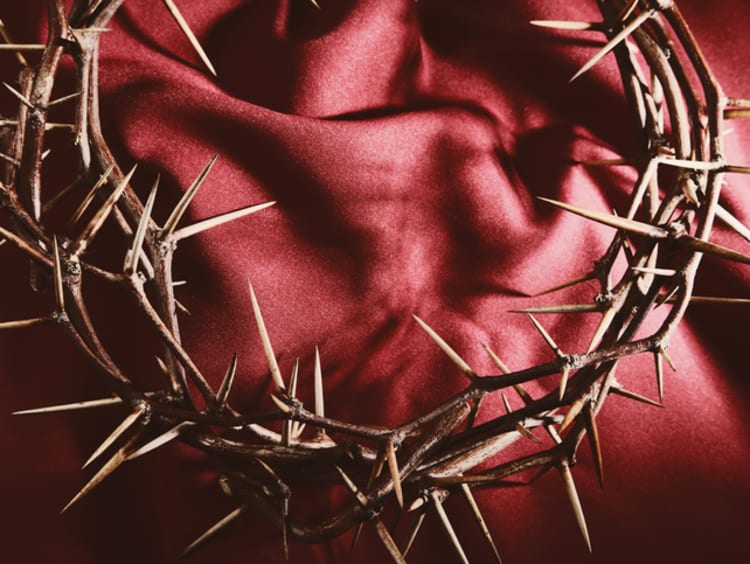 Crown of thorns on top of red satin