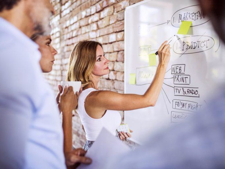 Female employee marking up a diagram on a whiteboard.
