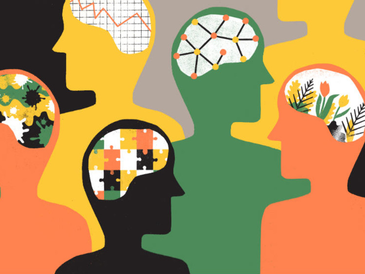 Cartoon outlines of people with different patterned brains for psychology
