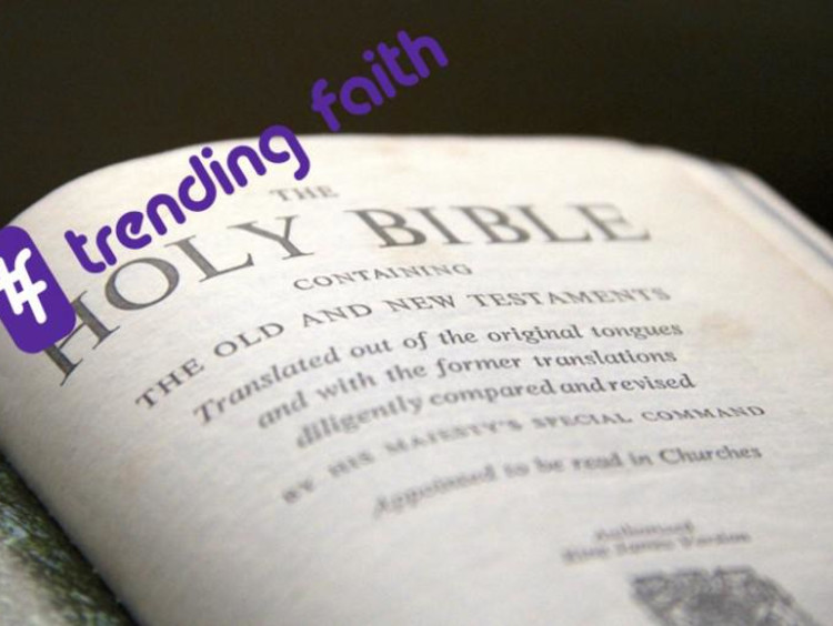 A Bible open to the Old Testament with the Trending Faith logo
