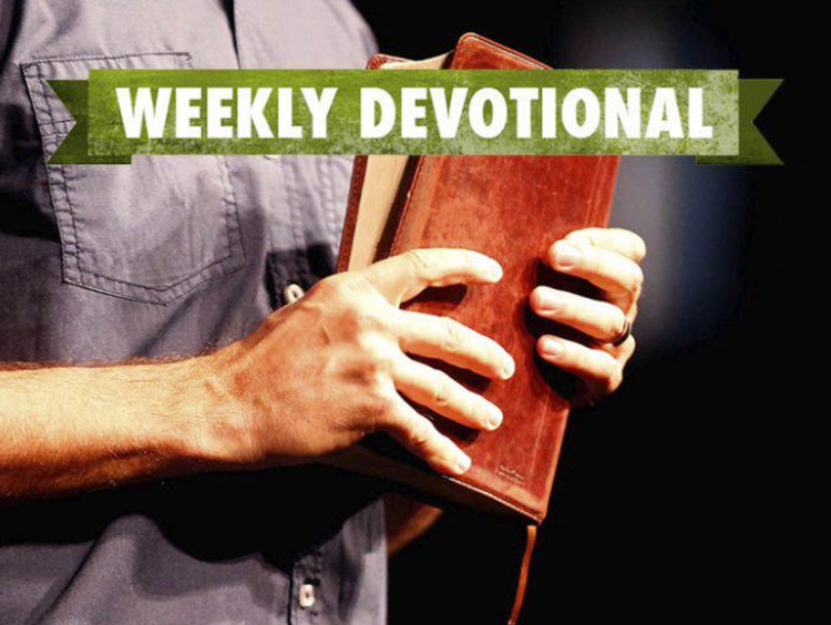person holding a bible with the weekly devotional banner above