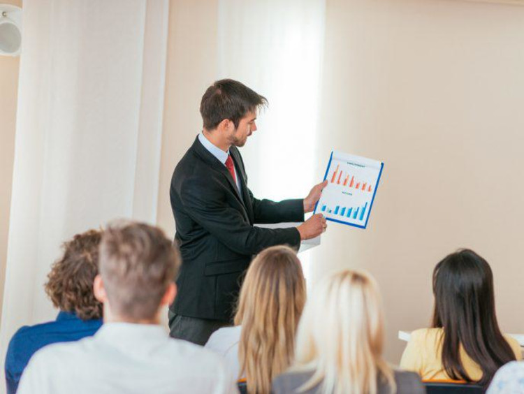 Data analyst student does a class presentation