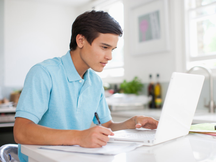 Online student works on homework assignment at home