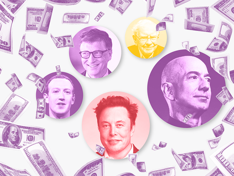 Graphic showing raining hundred dollar bills and the faces of billionaires