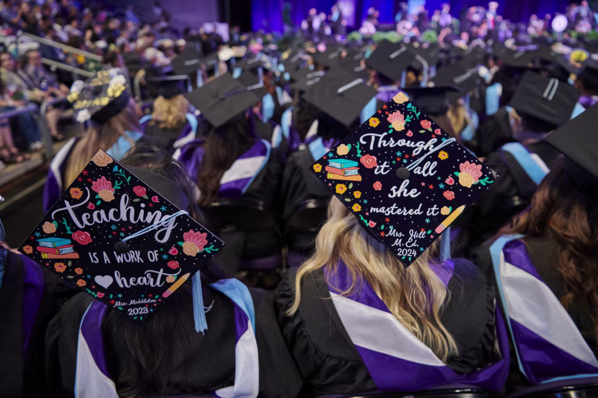 decorated graduation caps at education college graduation