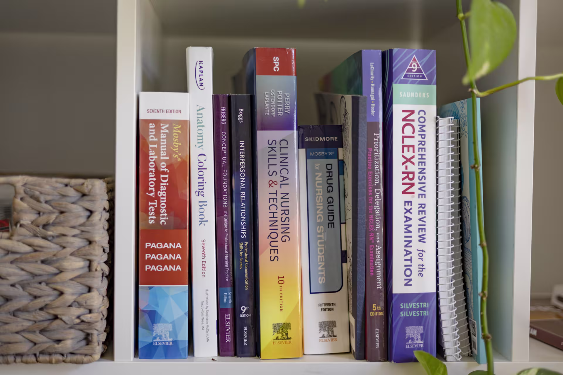 Close up image of nursing and healthcare books on shelf