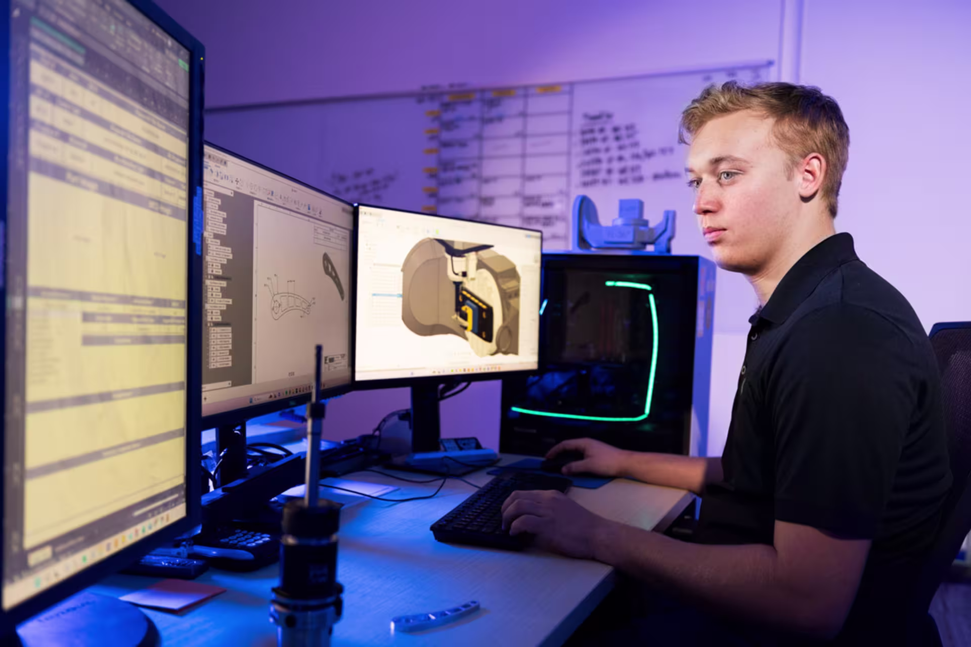 blonde male student uses cad program to render item on far right screen