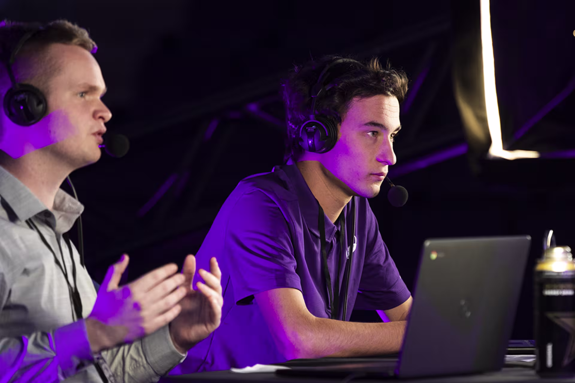 Male students speaking in live broadcast