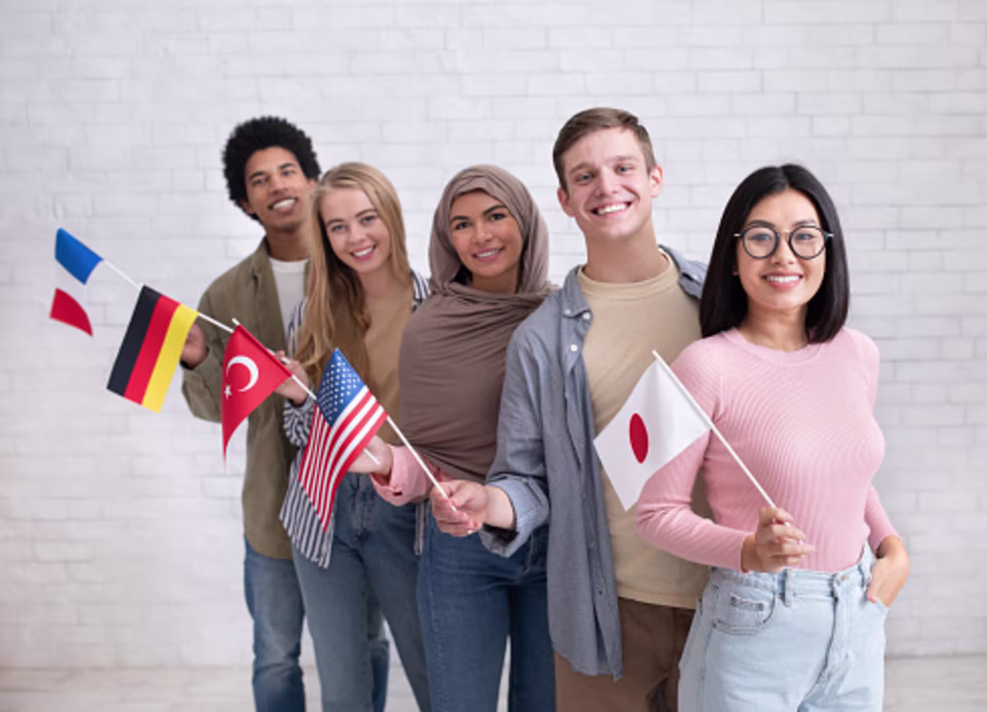 Diverse students holding national flags to support English learners