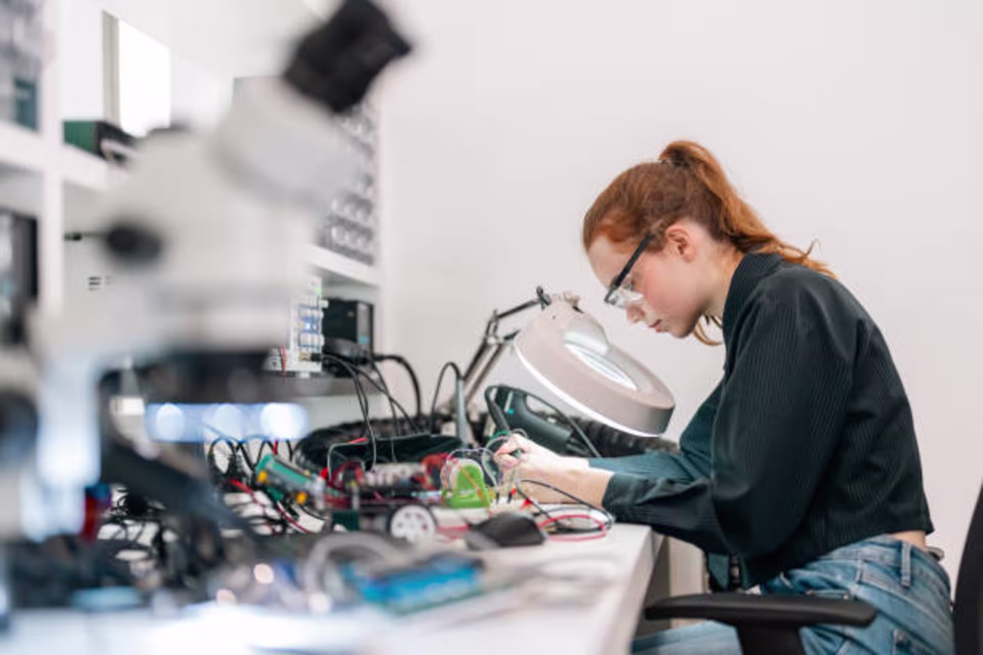 Girl working with engineering wires