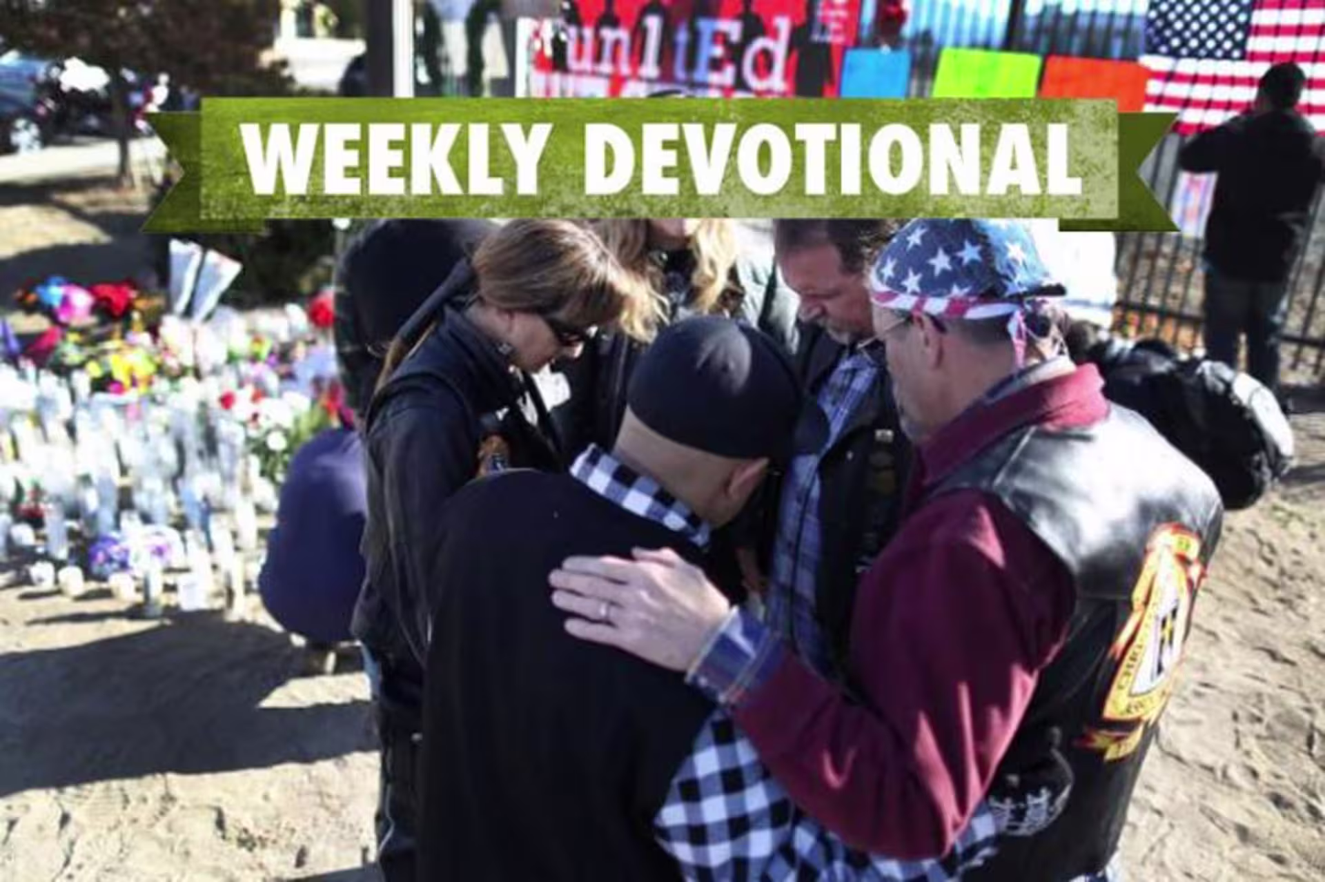People consoling others under the Weekly Devotional banner