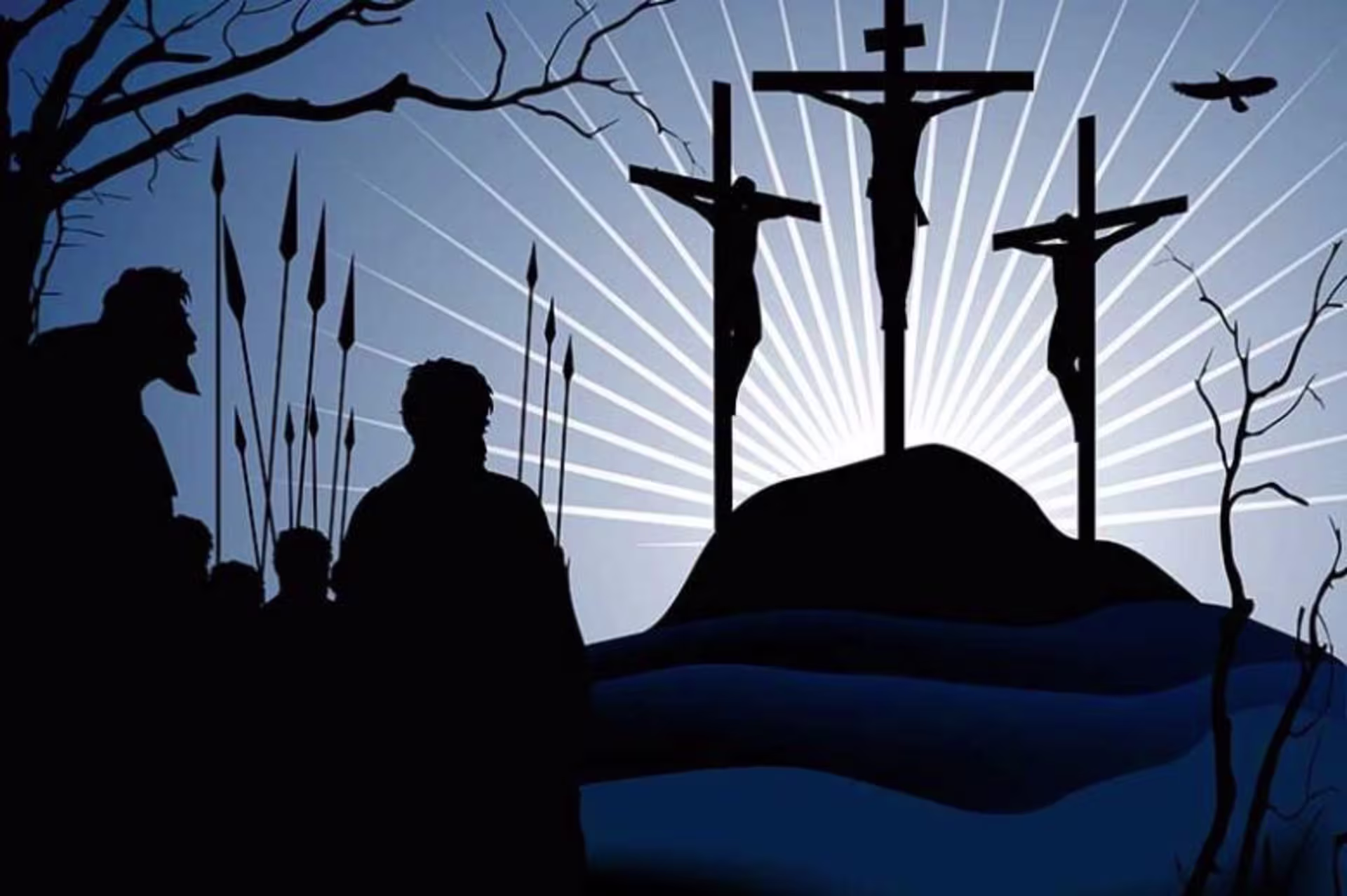 three men hung on crosses while people watch