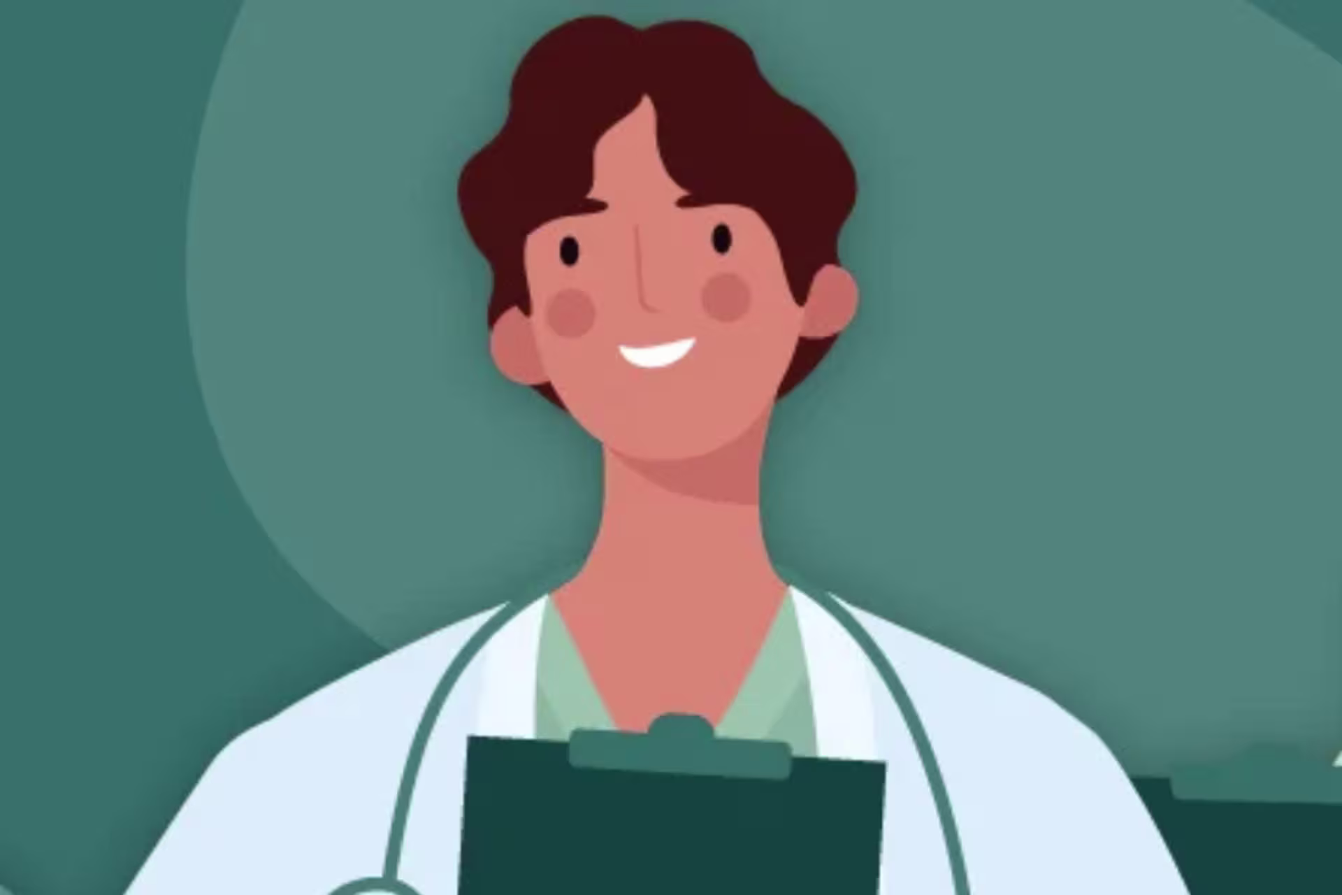 Cartoon imaeg of a male medical doctor smiling wearing white coat and holding a clipboard