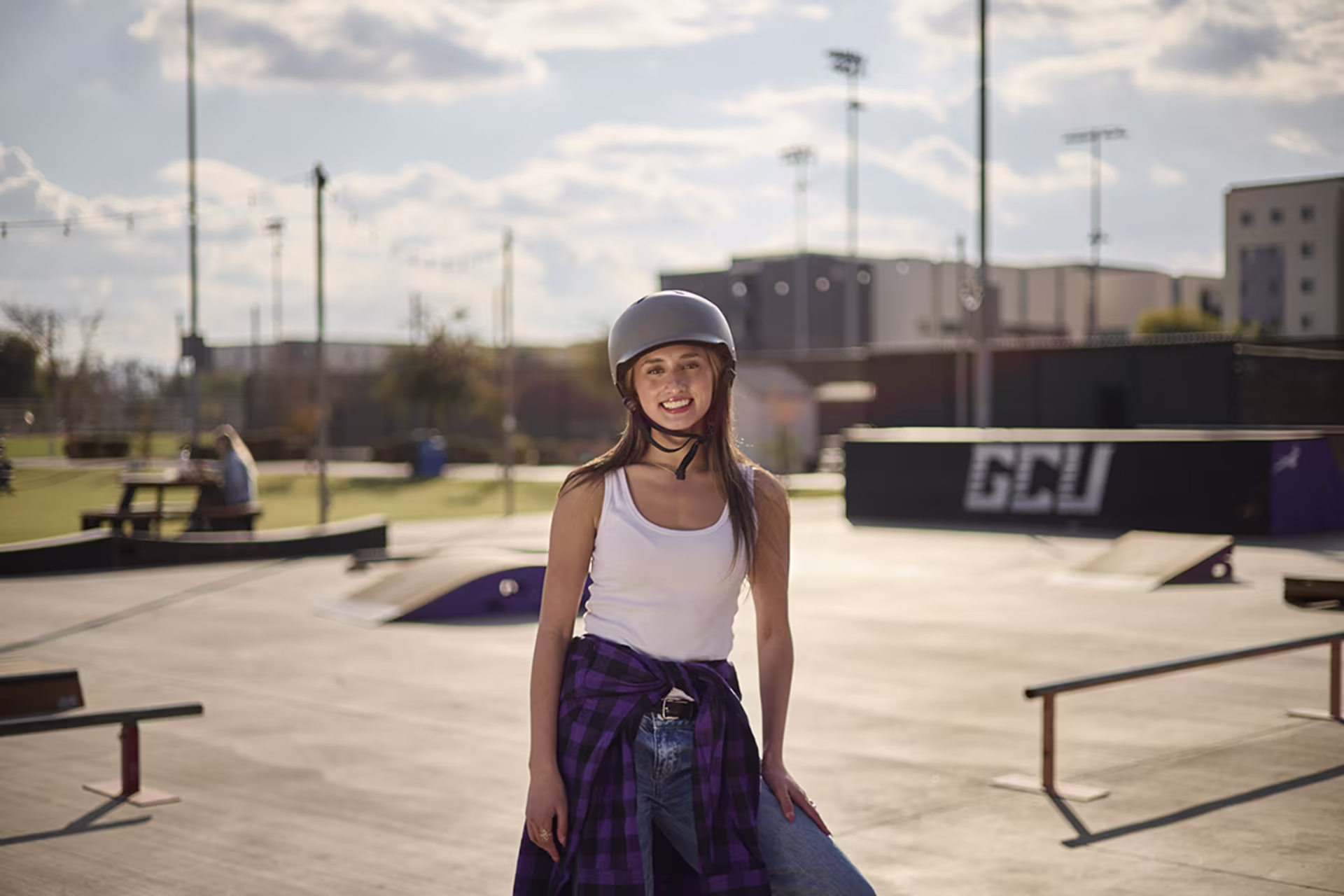 Female student outside skate park