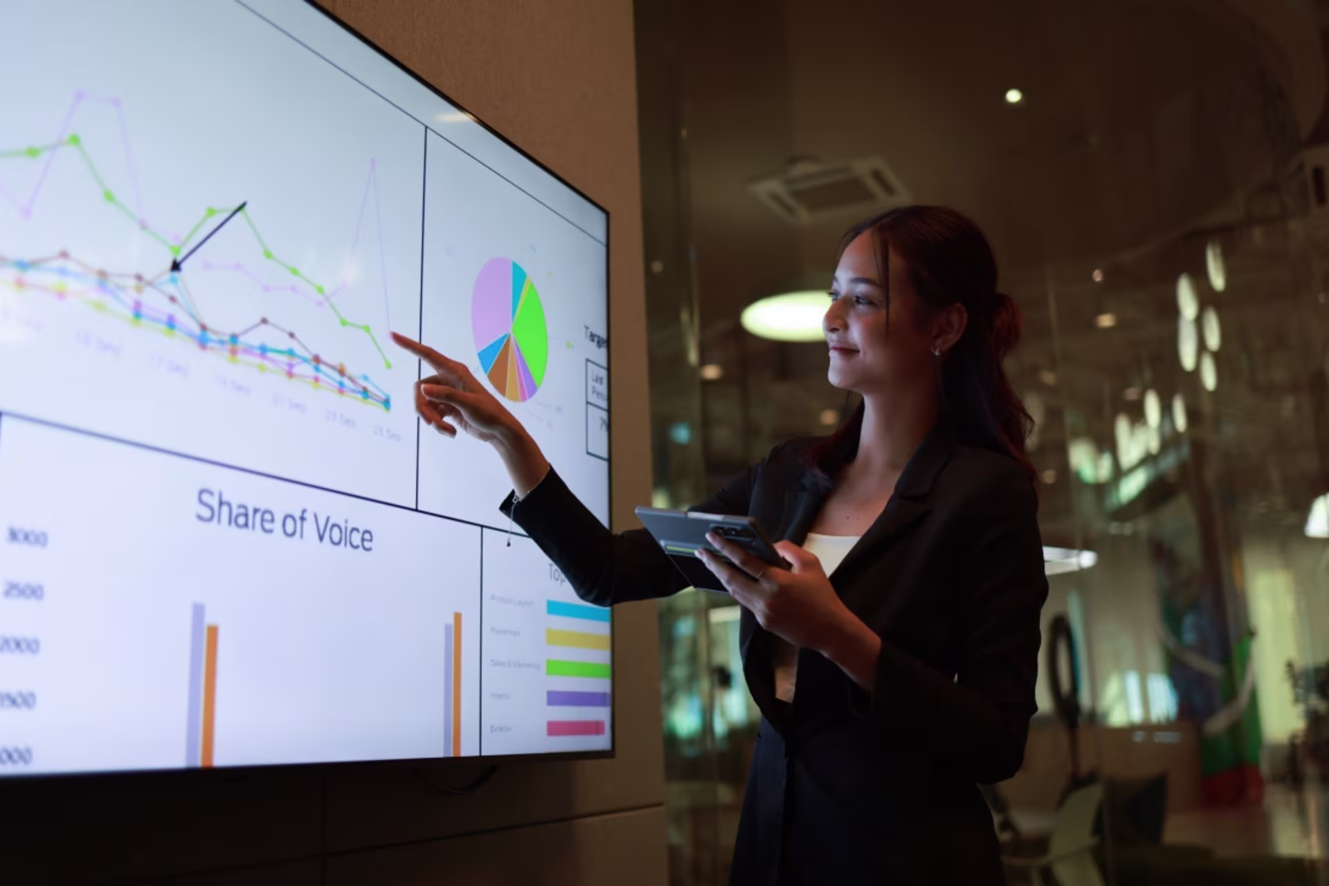 A female data scientist stands in front of a large monitor reviewing graphs and charts.