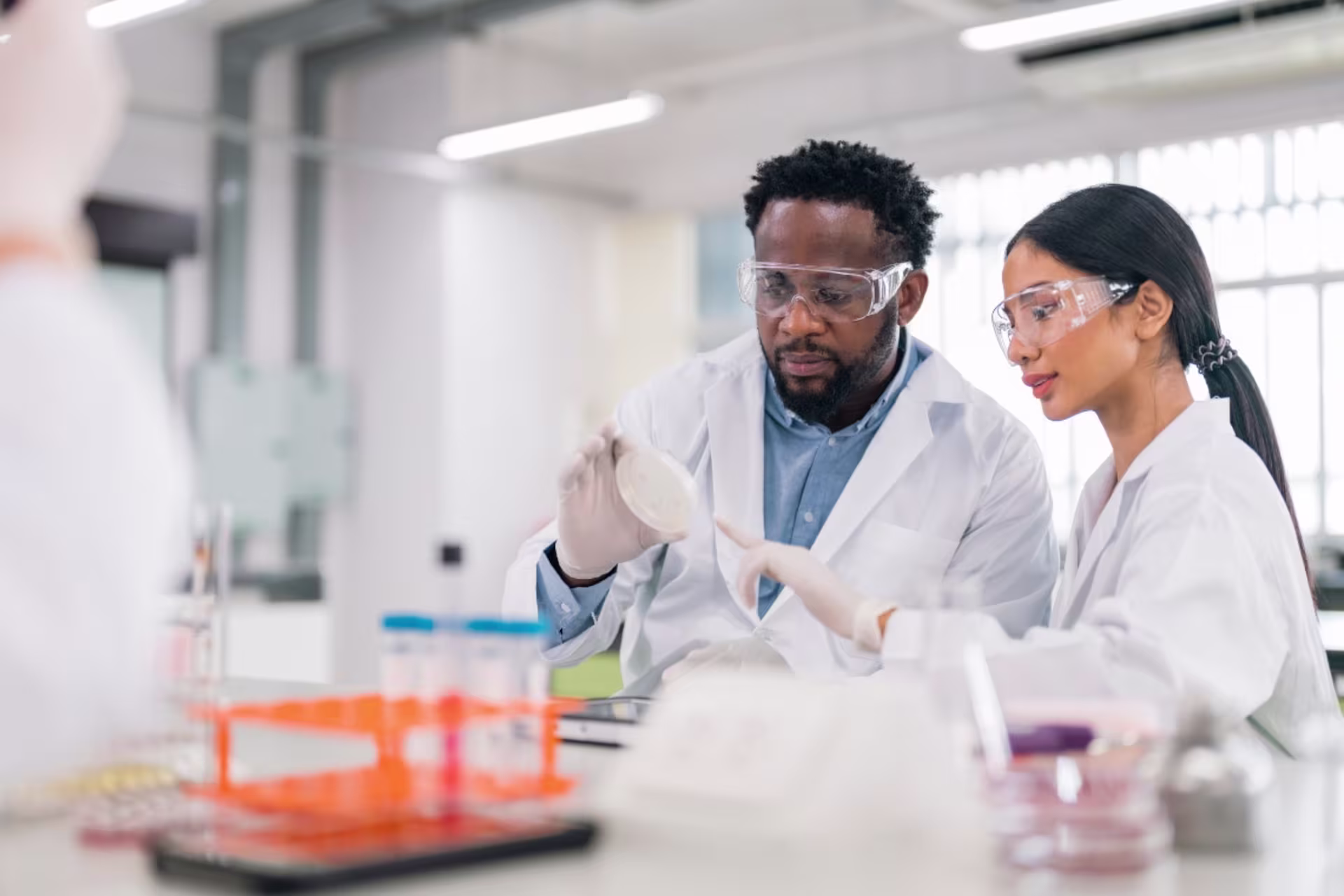 Two biomedical engineering students wearing lab coats and safety goggles examining a petri dish in a lab setting.