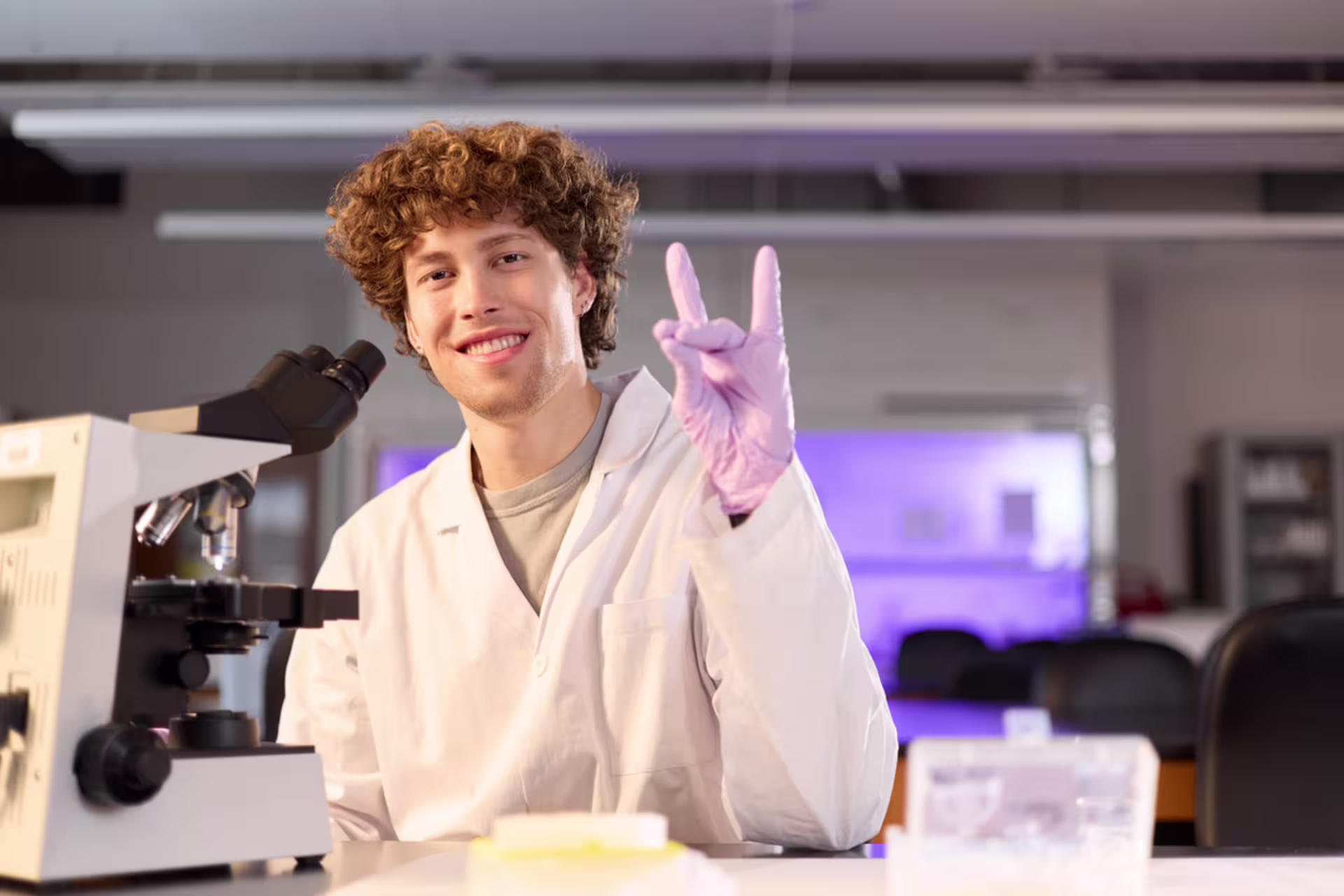 GCU student holding up the lopes symbol inside the GCU POWER lab on campus.
