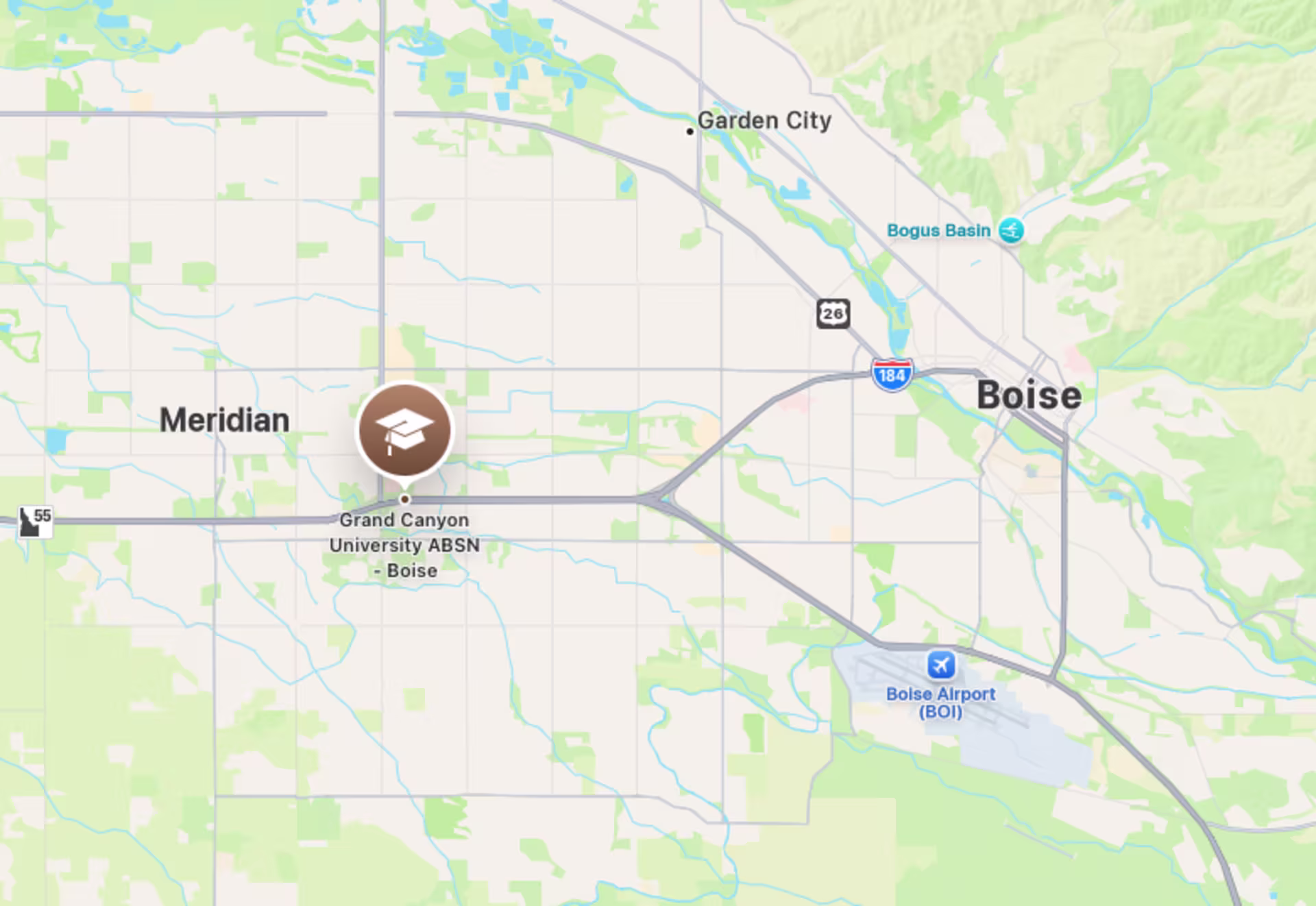 A map shows the GCU ABSN learning site in Meridian, Idaho, located just off Interstate 84, approximately a 15-minute drive from Boise.
