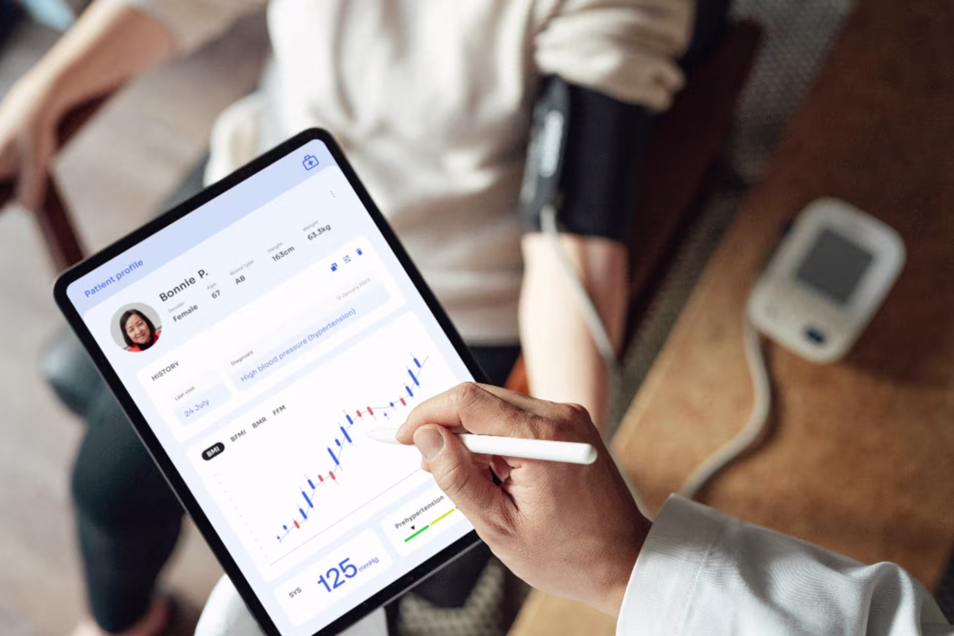 A close-up depicts a patient’s arm with a blood pressure cuff while a hand uses a tablet to review a health dashboard showing charts and profile details.
