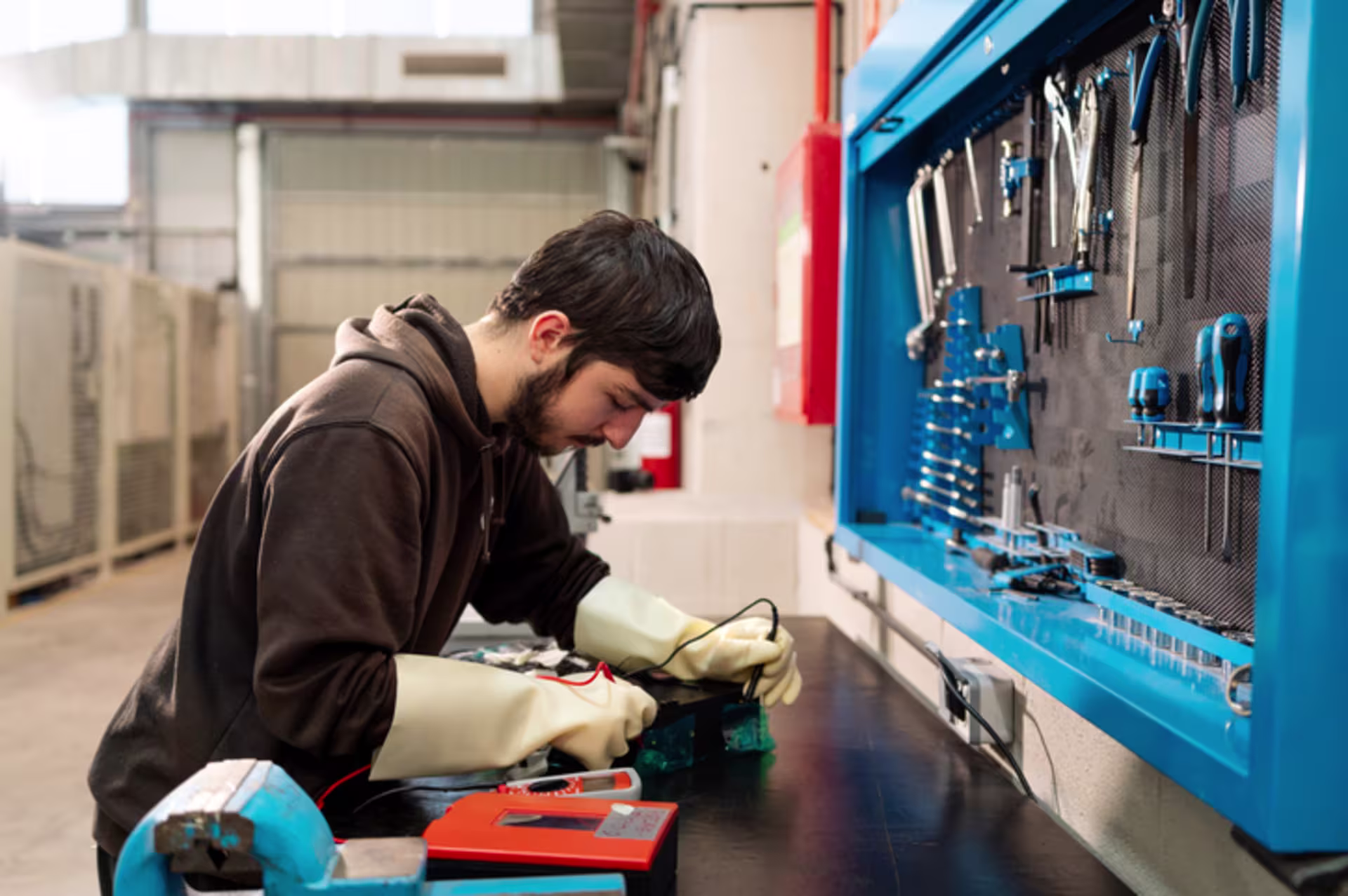 A male aeronautical engineering student analyzing electronic components during engineering lab work.