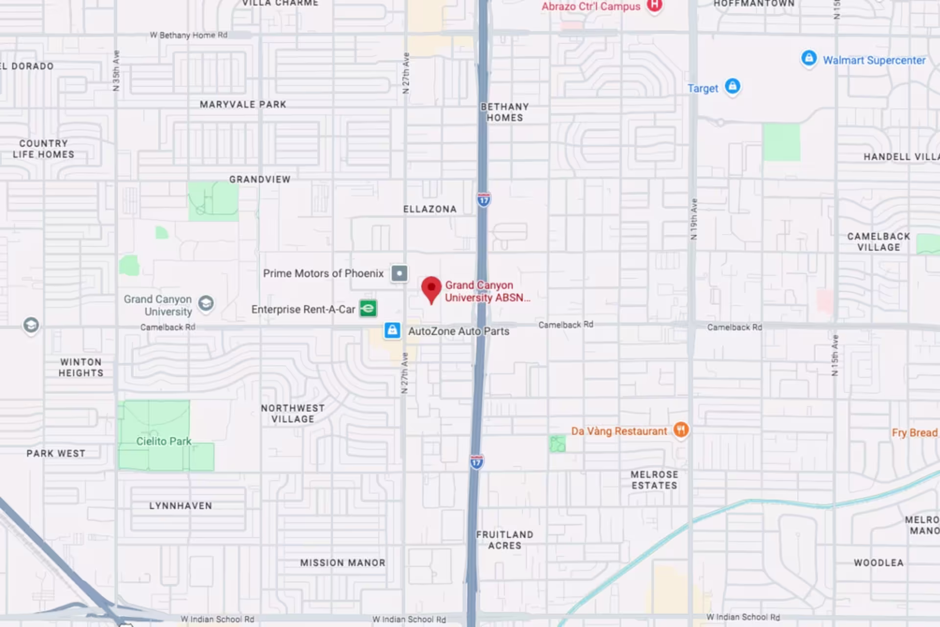 Map of GCU’s ABSN site in West Valley Phoenix near N Black Canyon Highway (I-17) and Camelback Road, showing surrounding streets and nearby businesses.