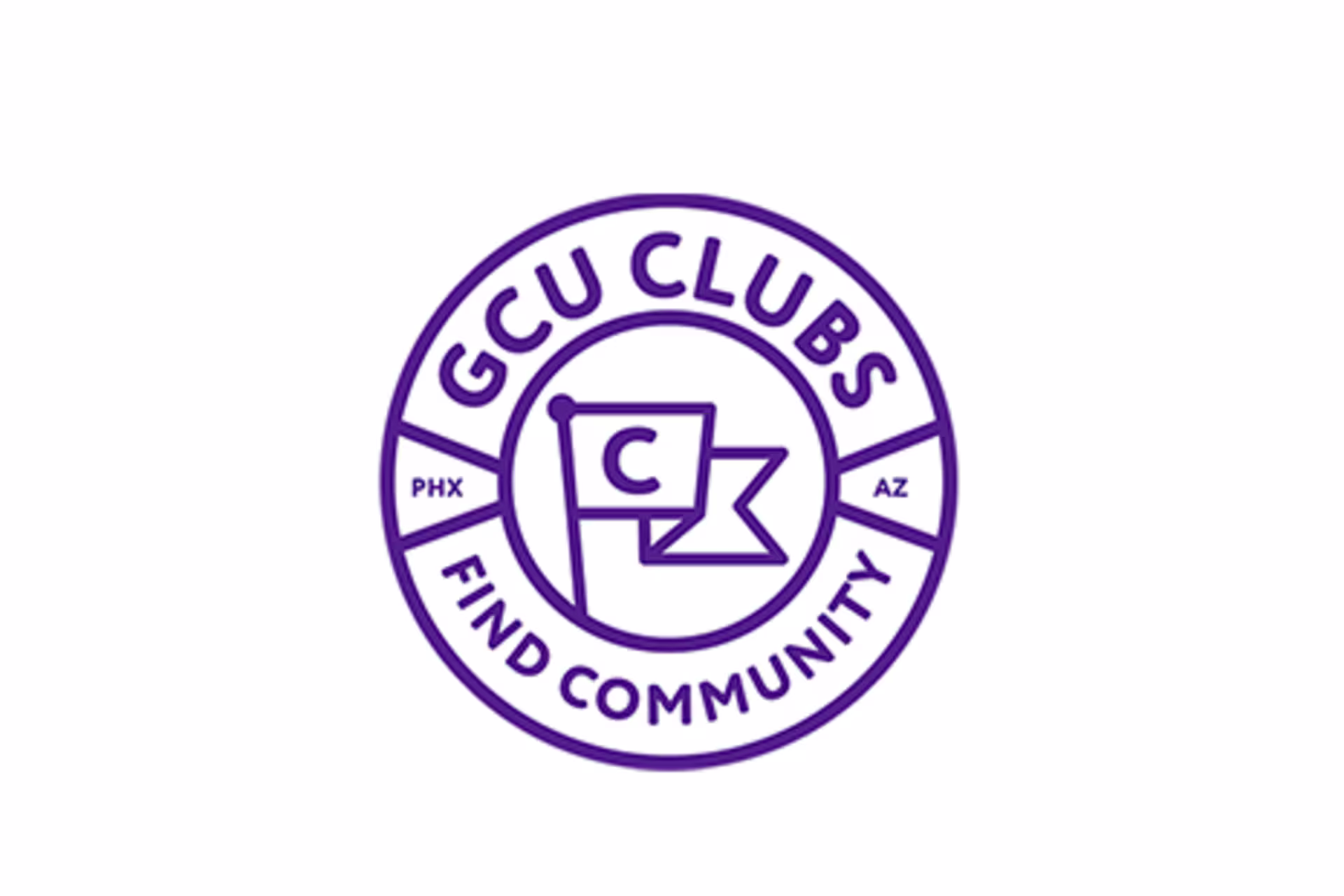 GCU Clubs circular badge logo with purple flag icon and text “Find Community” representing student clubs on campus in Phoenix, AZ.