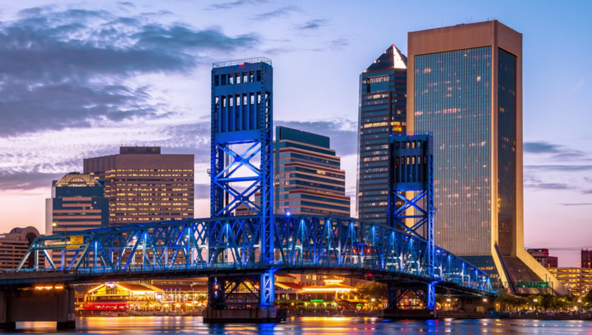Jacksonville, FL skyline at sunset with city buildings, bridge and waterfront view.