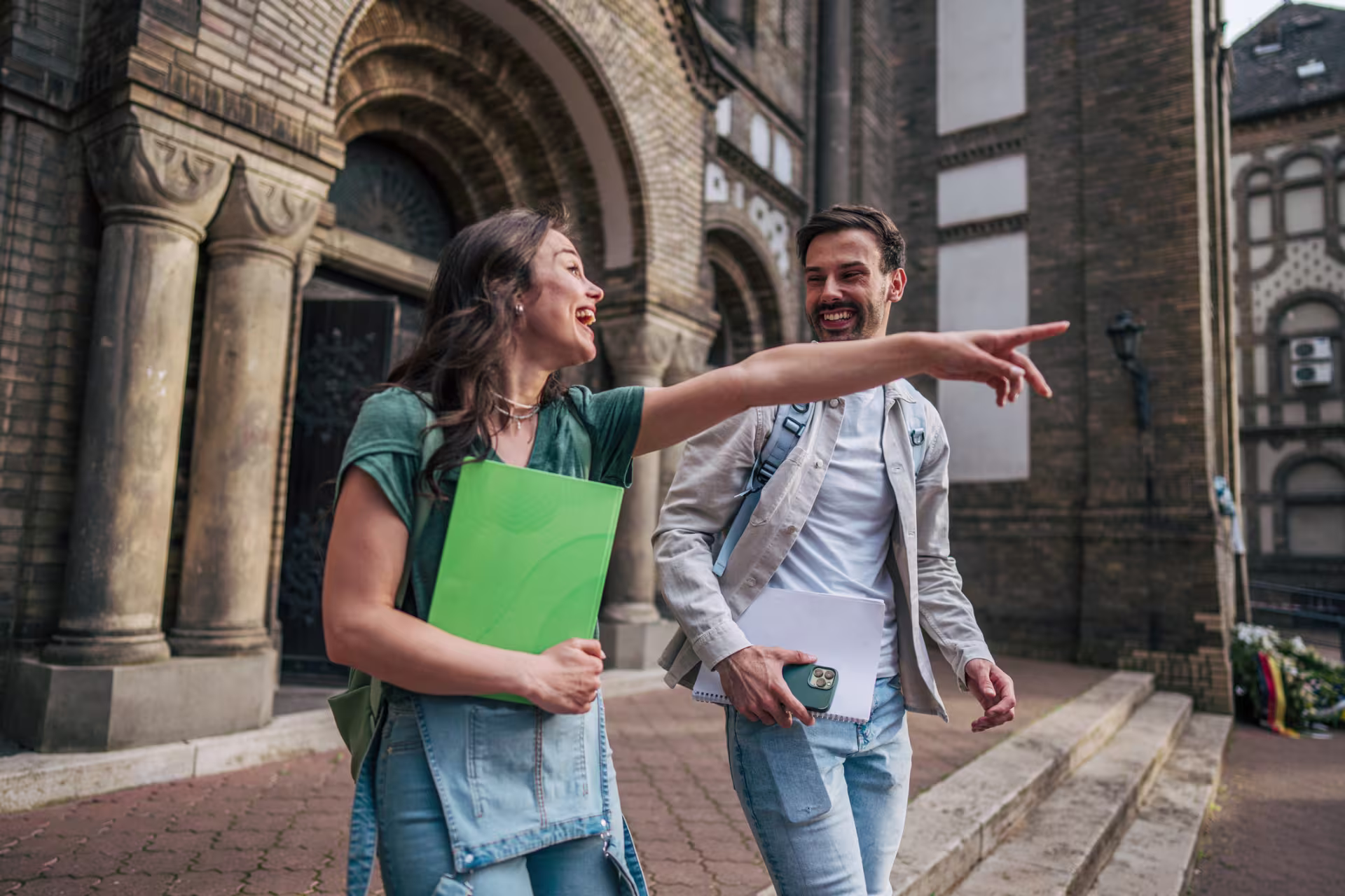 Students exploring a historic international city campus, highlighting the cultural, academic and travel experiences of studying abroad.